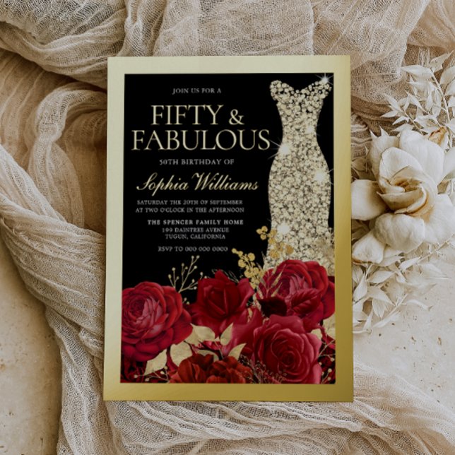 Red Roses & Black 50th Birthday Gold Folieneinladung (Von Creator hochgeladen)