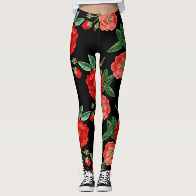Red roses, black background, leggings (Vorderseite)