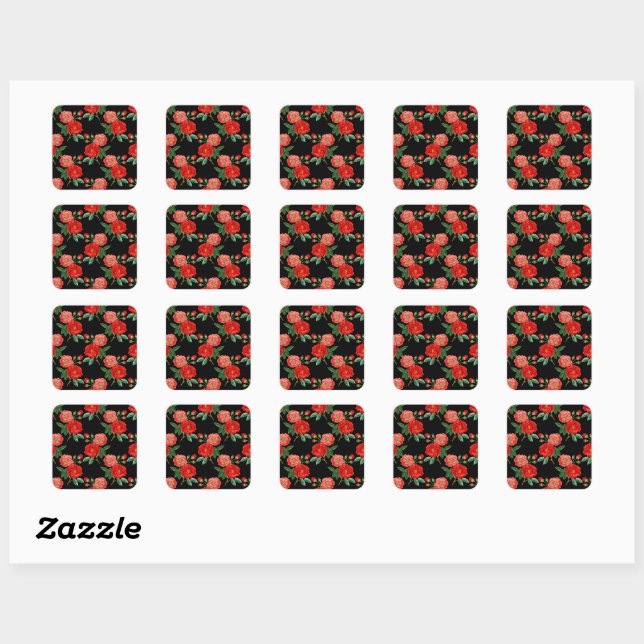 Red Roses, Black Background, Quadratischer Aufkleber (Blatt)