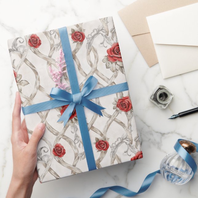 Red Roses Faux Wood Floral Love Geschenkpapier (Schenken)