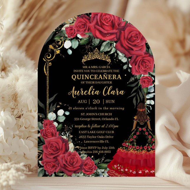 Red Roses Floral Black Charro Quinceanera 15 Arch Einladung (Von Creator hochgeladen)