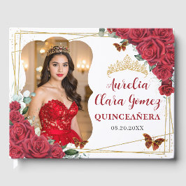 Red Roses Floral Butterflies QUINCEAÑERA 16 Photo Gästebuch