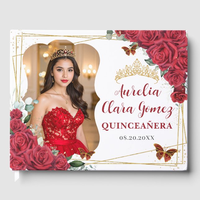 Red Roses Floral Butterflies QUINCEAÑERA 16 Photo Gästebuch (Vorderseite)