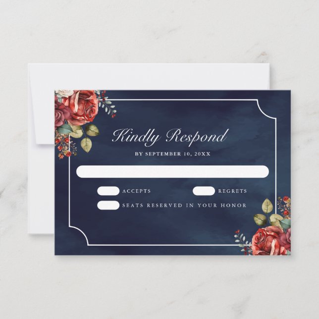 Red Roses Floral Navy Blue Wedding RSVP Karte (Vorderseite)