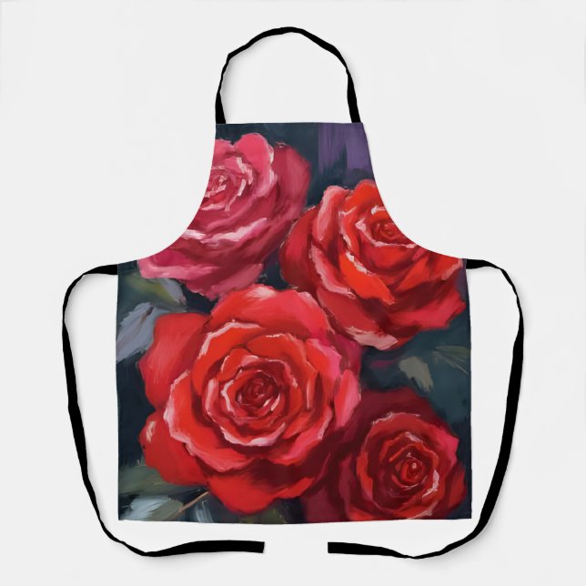 Red Roses Floral Watercolor Painted Flowers Schürze (Vorderseite)