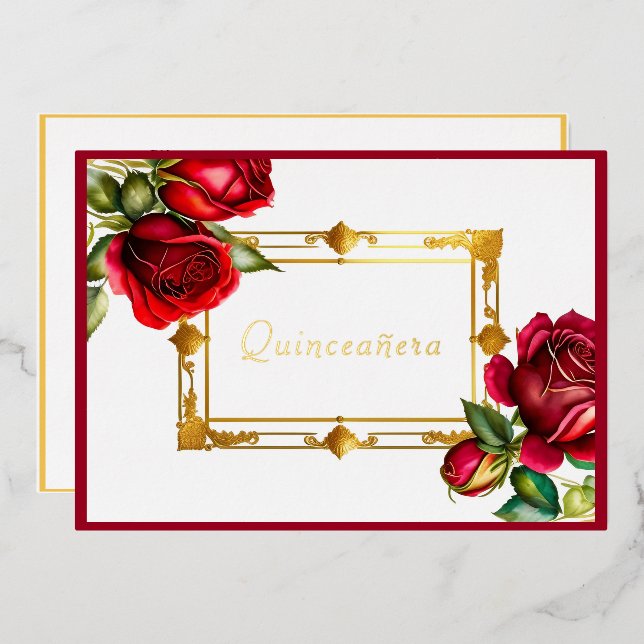 Red Roses Gold Frame Quinceañera  Folieneinladung (Vorderseite/Rückseite)
