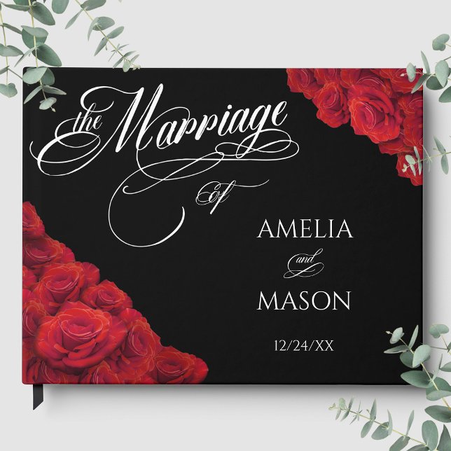 Red Roses Photo Calligraphy Script Black Wedding Gästebuch (Red Roses Photo Calligraphy Script Black Wedding Guest Book Front)