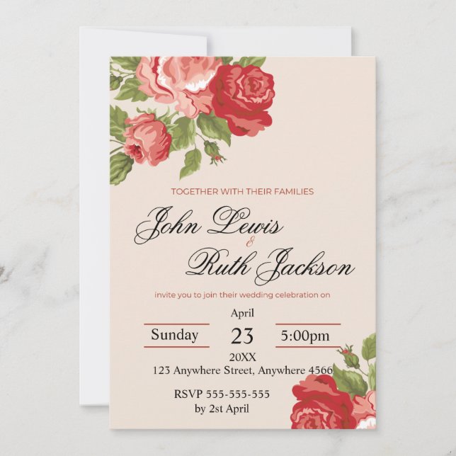 Red Roses Script Wedding Invitation | Elegant Roma Einladung (Vorderseite)