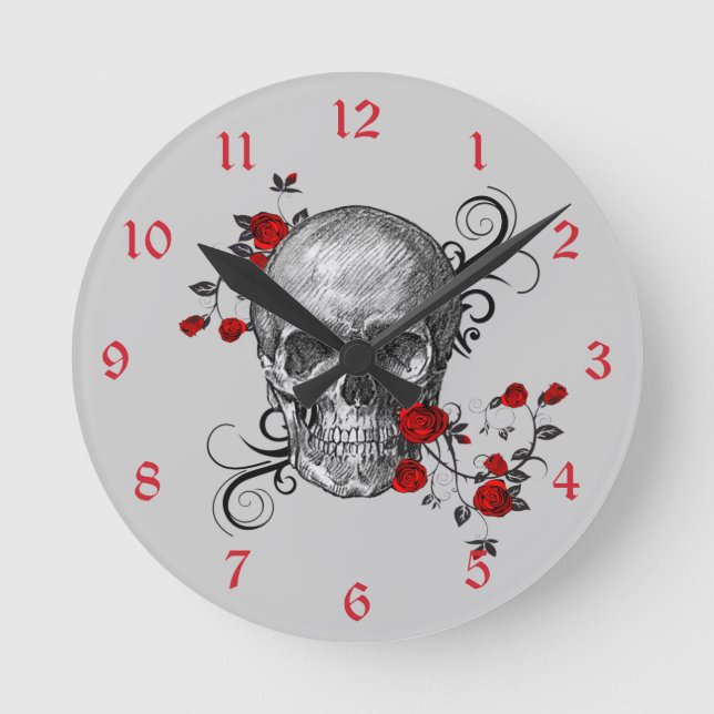 Red Roses Skull Wall Clock Runde Wanduhr (Vorderseite)