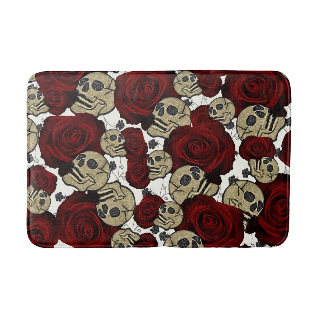 Red Roses & Skulls Black Floral Gothic White Badematte (Vorderseite)