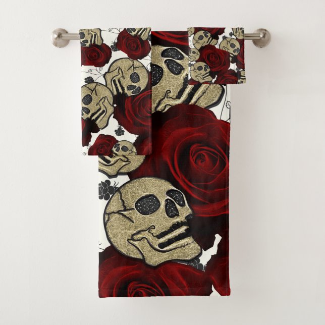 Red Roses & Skulls Black Floral Gothic White Badhandtuch Set (Insitu)