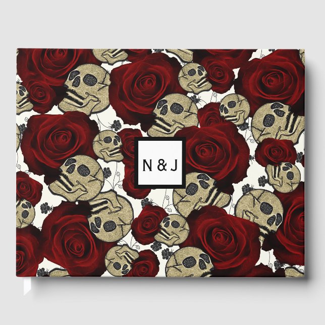 Red Roses & Skulls Black Floral Gothic White Gästebuch (Vorderseite)