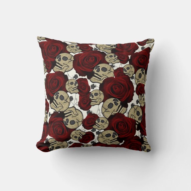 Red Roses & Skulls Black Floral Gothic White Kissen (Vorderseite)