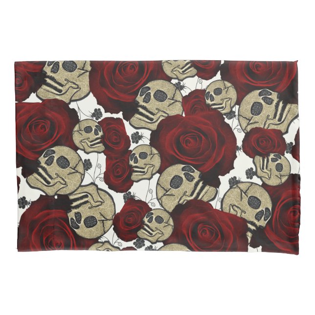 Red Roses & Skulls Black Floral Gothic White Kissenbezug (Vorderseite)