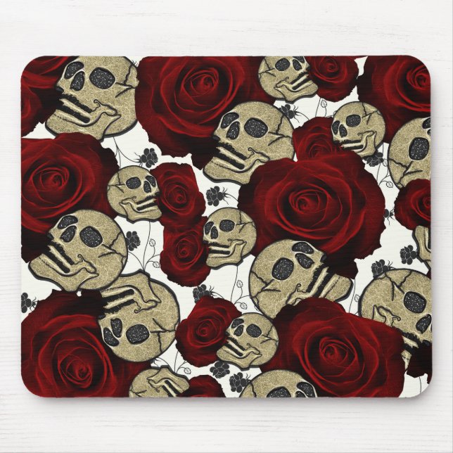 Red Roses & Skulls Black Floral Gothic White Mousepad (Vorne)