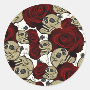 Red Roses & Skulls Black Floral Gothic White Runder Aufkleber