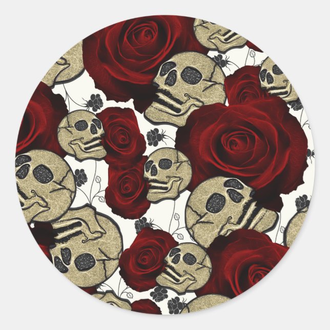 Red Roses & Skulls Black Floral Gothic White Runder Aufkleber (Vorderseite)