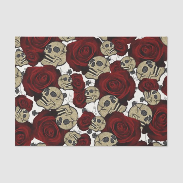 Red Roses & Skulls Black Floral Gothic White Seidenpapier (Vorderseite)