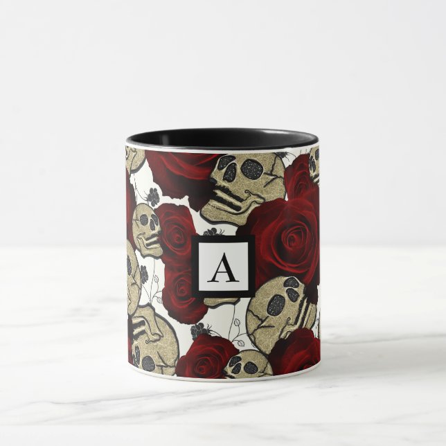 Red Roses & Skulls Black Floral Gothic White Tasse (Zentrum)