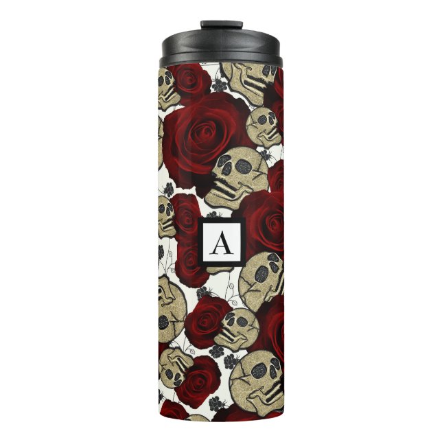 Red Roses & Skulls Black Floral Gothic White Thermosbecher (Vorderseite)