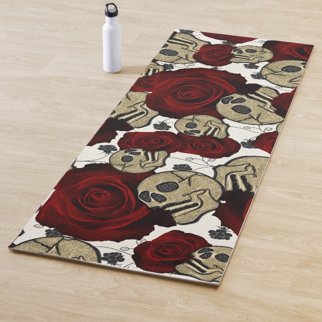 Red Roses & Skulls Black Floral Gothic White Yogamatte (Beispiel)