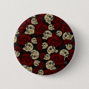 Red Roses & Skulls Grey Black Floral Gothic Button