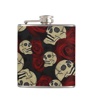 Red Roses & Skulls Grey Black Floral Gothic Flachmann