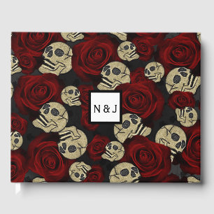 Red Roses & Skulls Grey Black Floral Gothic Gästebuch