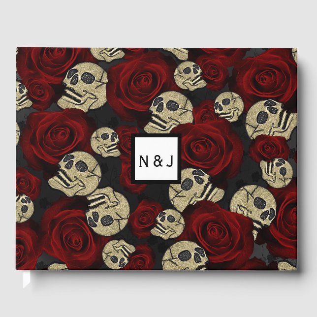 Red Roses & Skulls Grey Black Floral Gothic Gästebuch (Vorderseite)