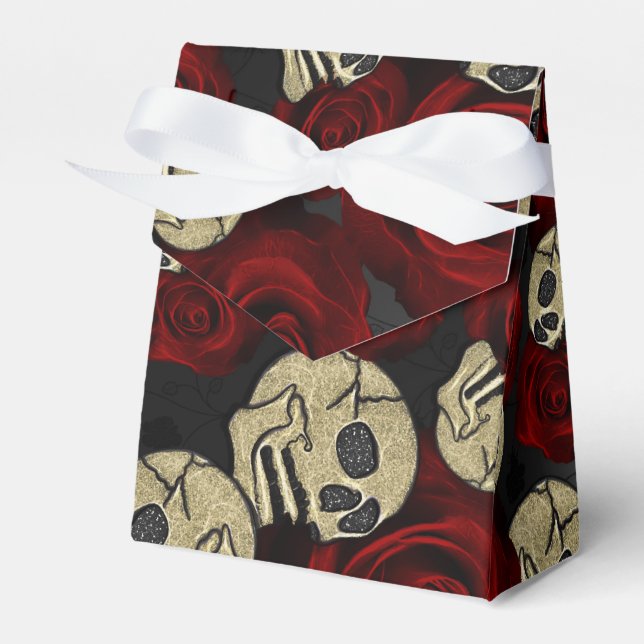 Red Roses & Skulls Grey Black Floral Gothic Geschenkschachtel (Vorderseite)