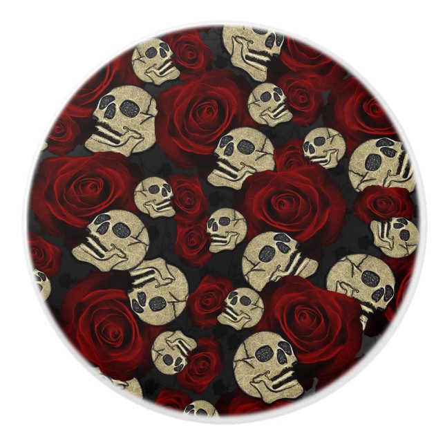 Red Roses & Skulls Grey Black Floral Gothic Keramikknauf (Vorderseite)