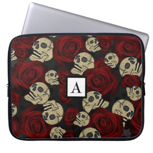 Red Roses & Skulls Grey Black Floral Gothic Laptopschutzhülle