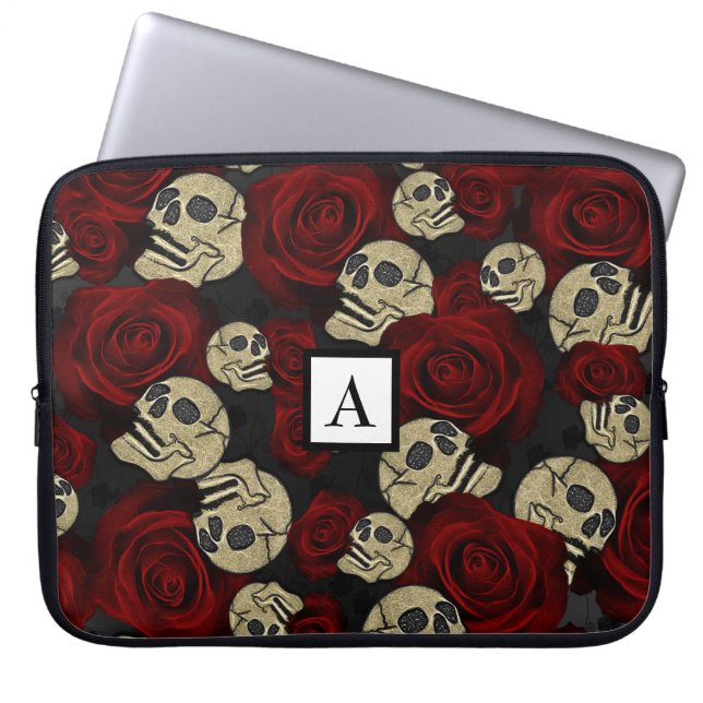 Red Roses & Skulls Grey Black Floral Gothic Laptopschutzhülle (Vorderseite)
