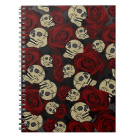 Red Roses & Skulls Grey Black Floral Gothic