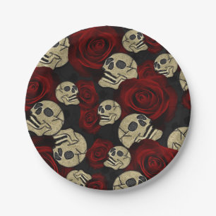 Red Roses & Skulls Grey Black Floral Gothic Pappteller