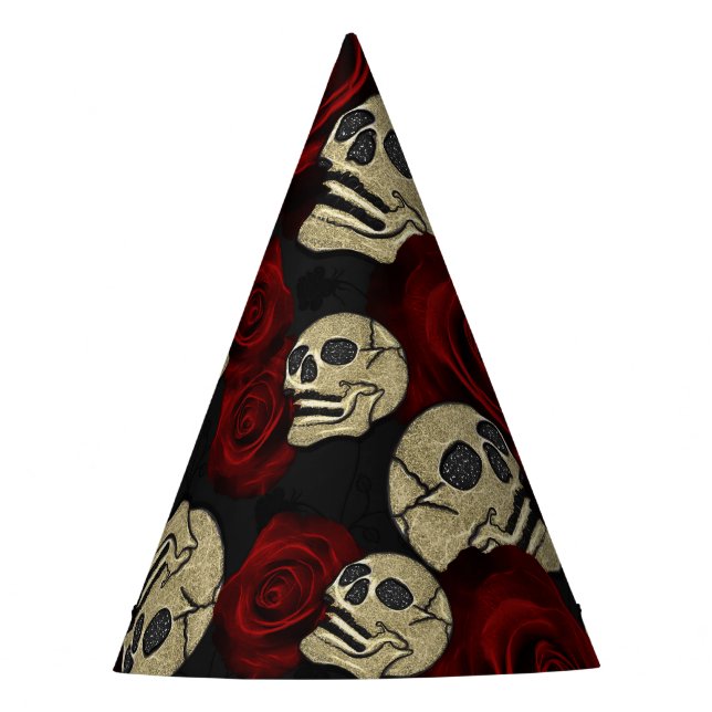 Red Roses & Skulls Grey Black Floral Gothic Partyhütchen (Vorderseite)