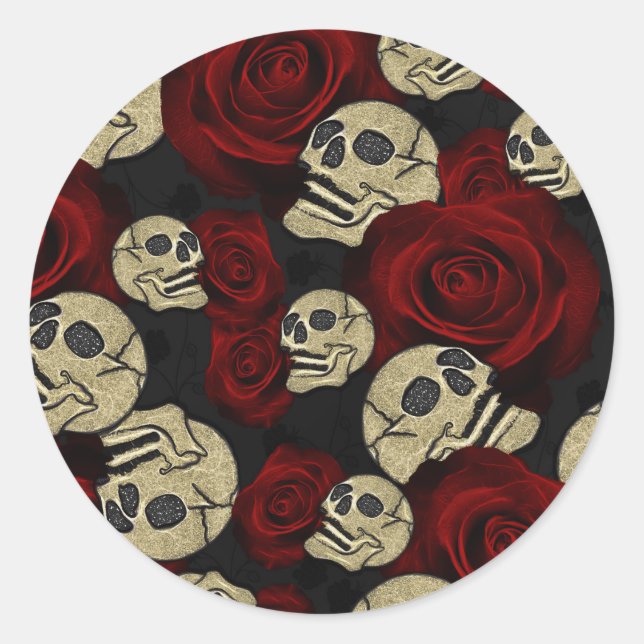 Red Roses & Skulls Grey Black Floral Gothic Runder Aufkleber (Vorderseite)