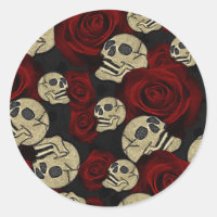 Red Roses & Skulls Grey Black Floral Gothic