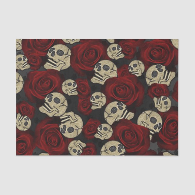 Red Roses & Skulls Grey Black Floral Gothic Seidenpapier (Vorderseite)