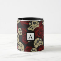 Red Roses & Skulls Grey Black Floral Gothic