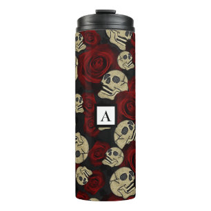 Red Roses & Skulls Grey Black Floral Gothic Thermosbecher