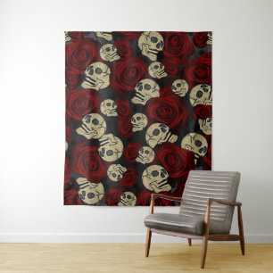 Red Roses & Skulls Grey Black Floral Gothic Wandteppich