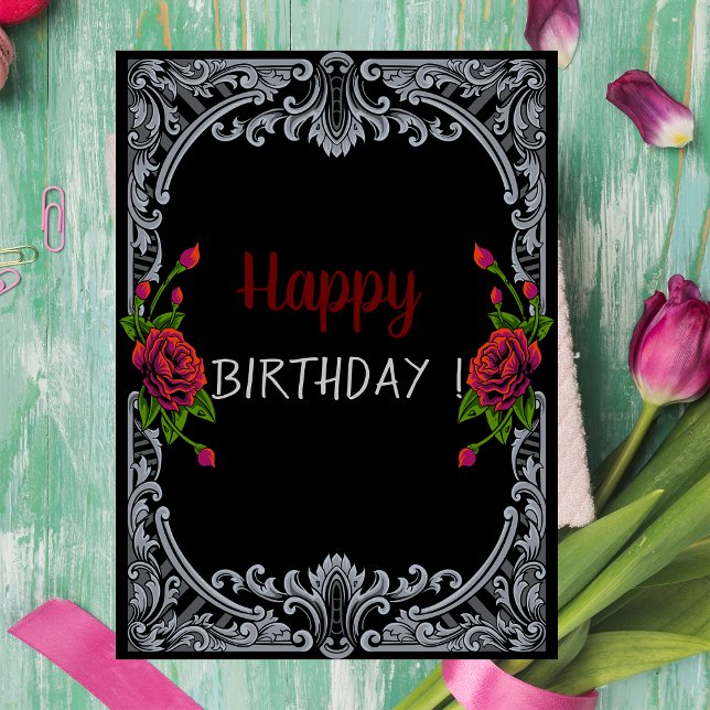 Red Roses,Stripes Gothic Birthday Karte (Von Creator hochgeladen)