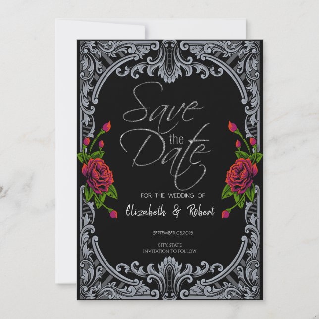  Red Roses,Stripes Gothic Save The Date Card (Vorderseite)