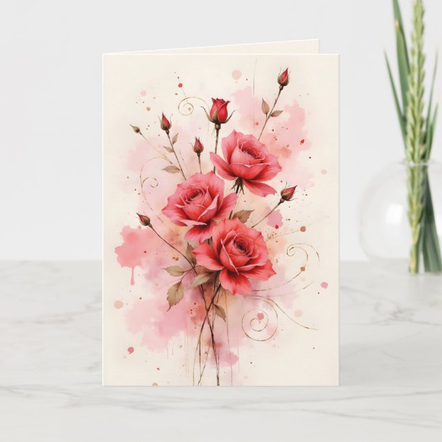 Red Roses Watercolor Anniversary Valentine's Day Karte (Vorderseite)