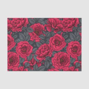 Red roses with gray leaves on black seidenpapier
