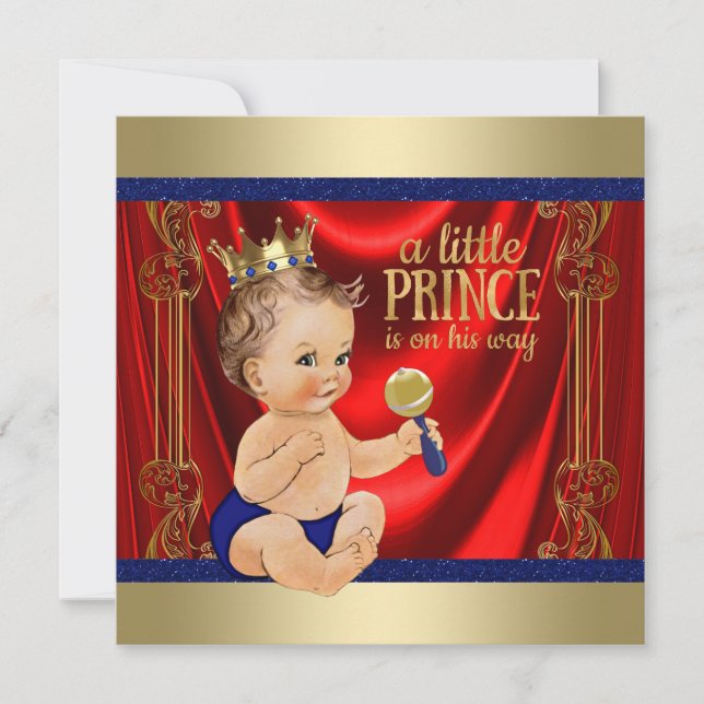Red Royal Blue Gold Prince Baby Dusche Einladung (Vorderseite)