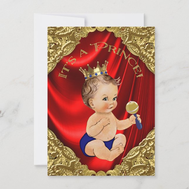 Red Royal Blue Gold Satin Prince Baby Dusche Einladung (Vorderseite)