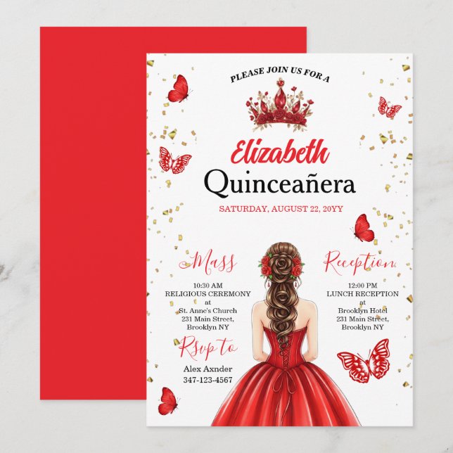 Red Royal Butterfly Quinceañera Invitation Einladung (Vorne/Hinten)