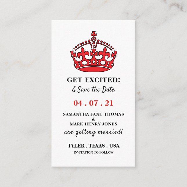 Red Royal Crown, aufgeregt und Save the Date Begleitkarte (Vorderseite)
